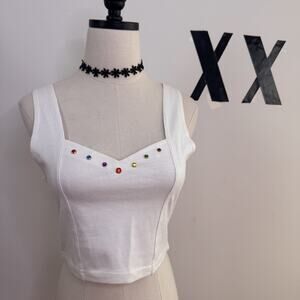 Vintage 90s White Jeweled Embellished Crop Tank Top Fitted Indie Grunge L